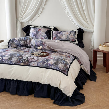 Romantisches Satin-Feel Floral Wende-Rüschende Bettbezug-Set