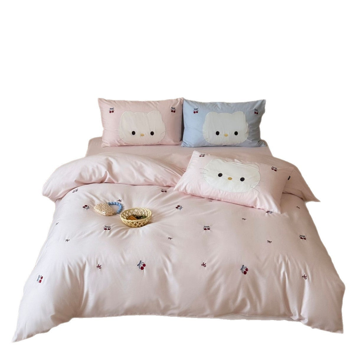 Niedliches besticktes Bettwäsche-Set mit Katzenapplikation und Kirschenmotiv Brehn