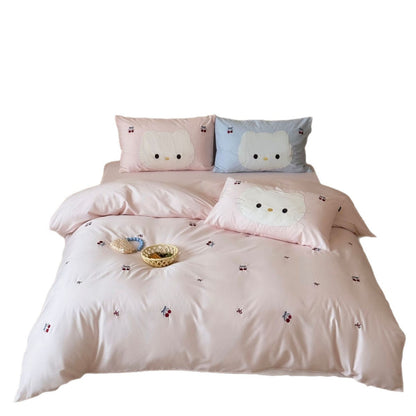 Niedliches besticktes Bettwäsche-Set mit Katzenapplikation und Kirschenmotiv Brehn