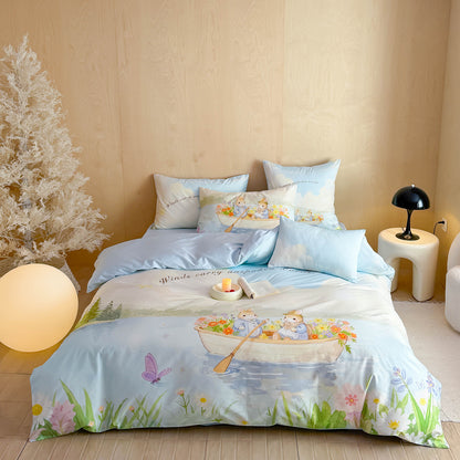 Romantische Satin-Bettwäschegarnitur mit floraler Aquarell-Illustration und Mondhäschen-Applikation Brehn
