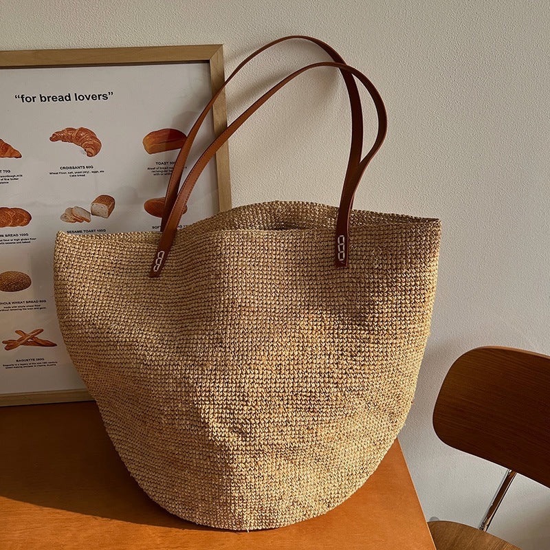Handgefertigte Basttasche mit Hochwertigen Ledergriffen Brehn