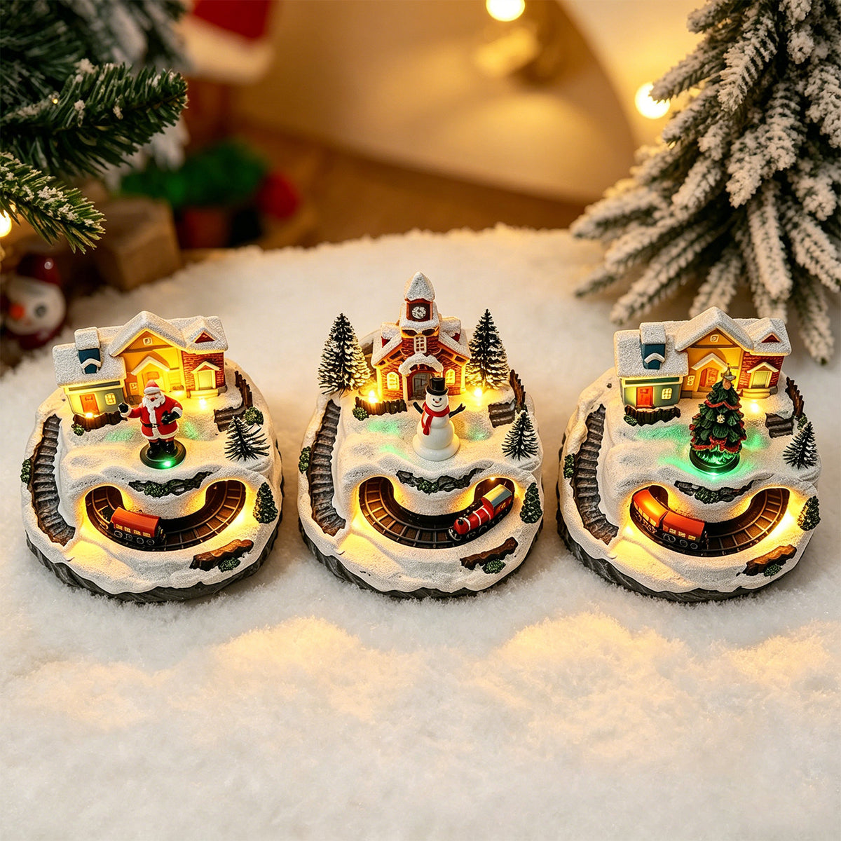 Bewegliches Weihnachtsdorf mit Lichtern und Schneemann Brehn