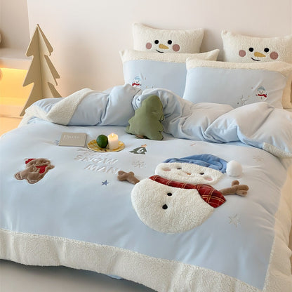 Kinderbettwäsche-Set mit Teddy-Fleece-Kante und dreidimensionalen Schneemann-Applikationen