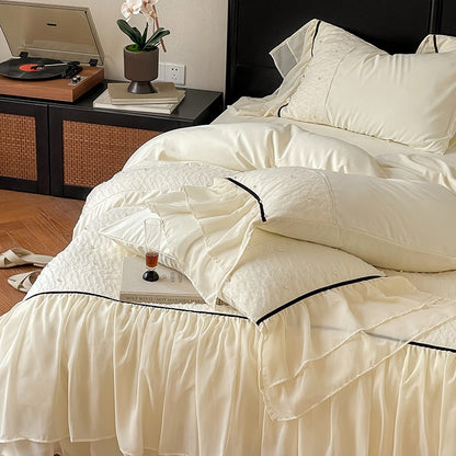 Luxuriöses Bettwäscheset mit Chiffon-Rüschen, Steppdecke und Kontrastpaspel