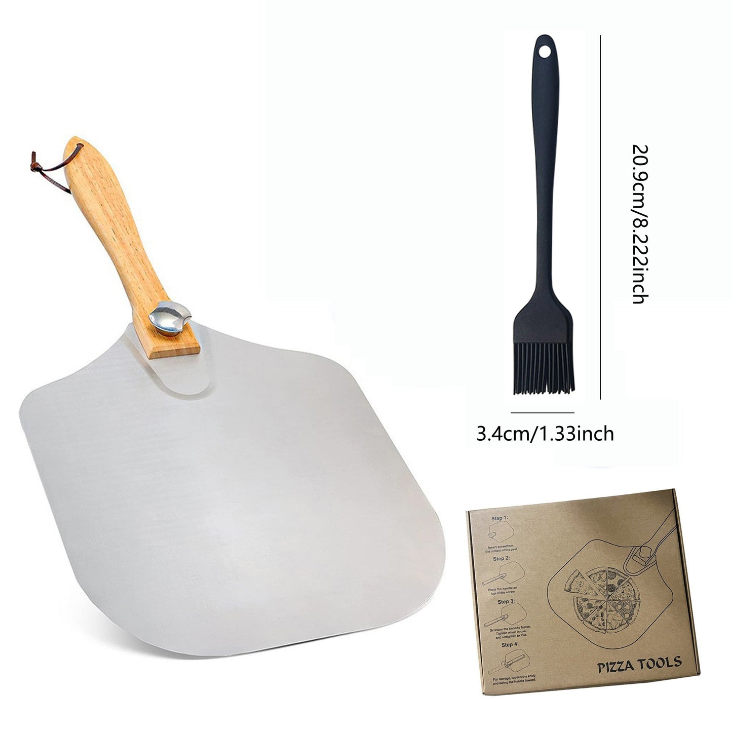 professionelles Pizzaschieber-Set mit klappbarem Edelstahlschaufel ergonomischem Holzgriff Pizzaschneider Rocker und Teigschaber Brehn