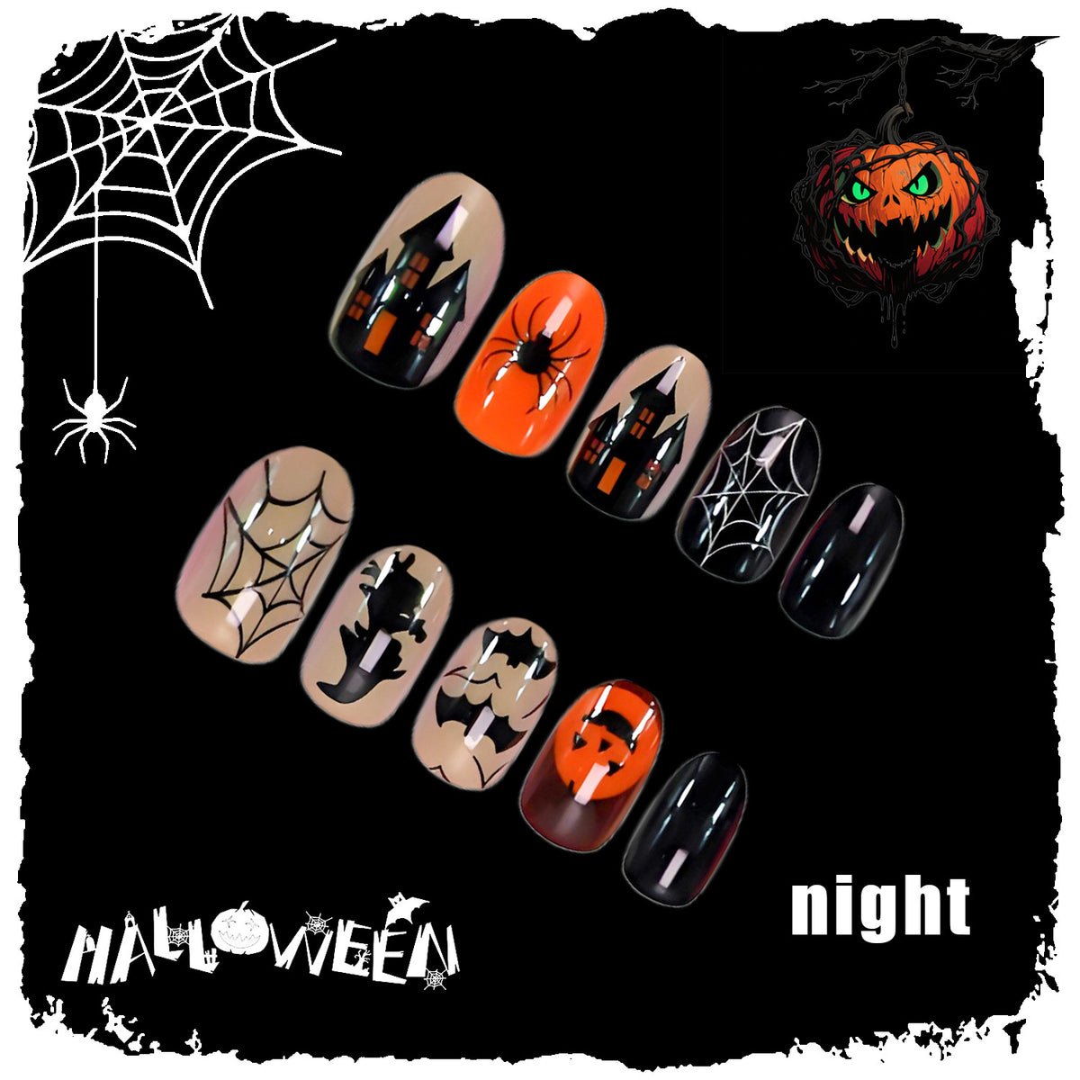 Halloween Kunstnagelset mit kreativen Spinnen- und Kürbismotiven Brehn