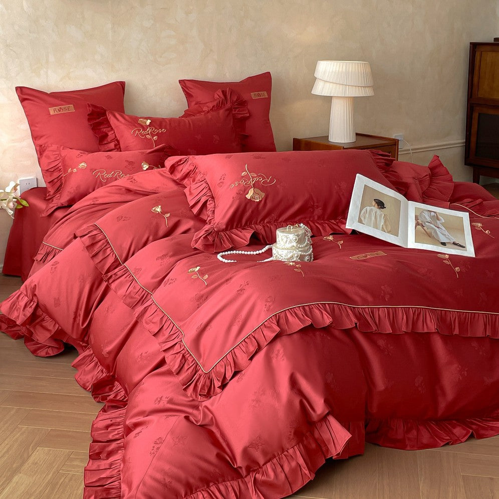 Romantisches Satin-Bettwäsche-Set mit Volants, feiner Blumenstickerei und Wendekissen