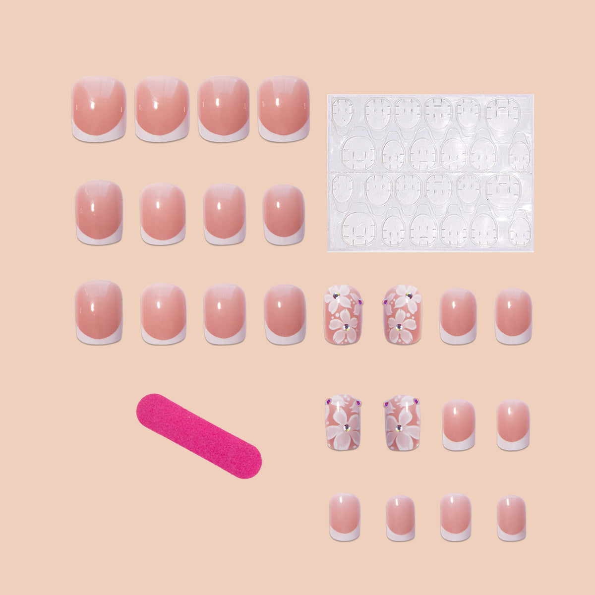 Kunstnagelset mit elegantem French Design und floralen Akzenten Brehn