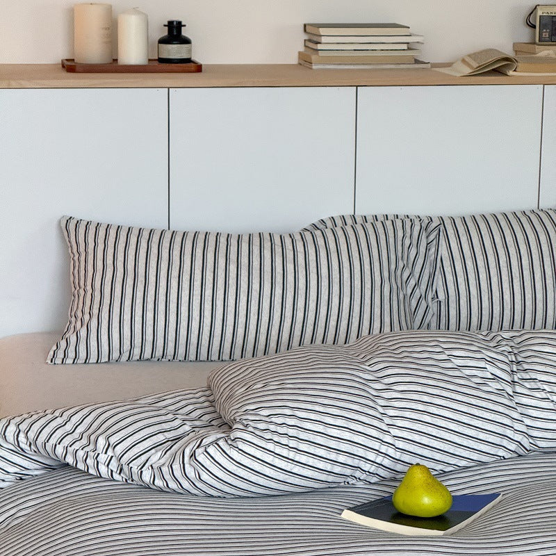 Entspannt-Stripe Gewaschenes Baumwoll-Leinen Bettdeckenbezug-Set mit Verstecktem Verschluss & Kissenbezügen