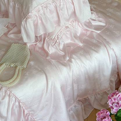 Elegantes Satin-Bettwäsche-Set mit Jacquard-Blumenmuster und Rüschen