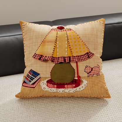 Decorative Gingham Embroidered Pear Appliqué Throw Pillow Cover