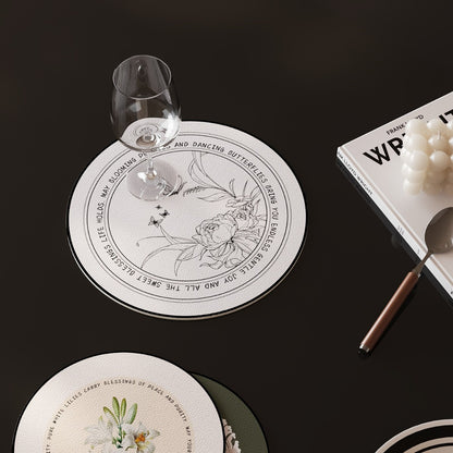 Round Decorative Leather-Look Drink Coaster with Embossed Floral Wreath