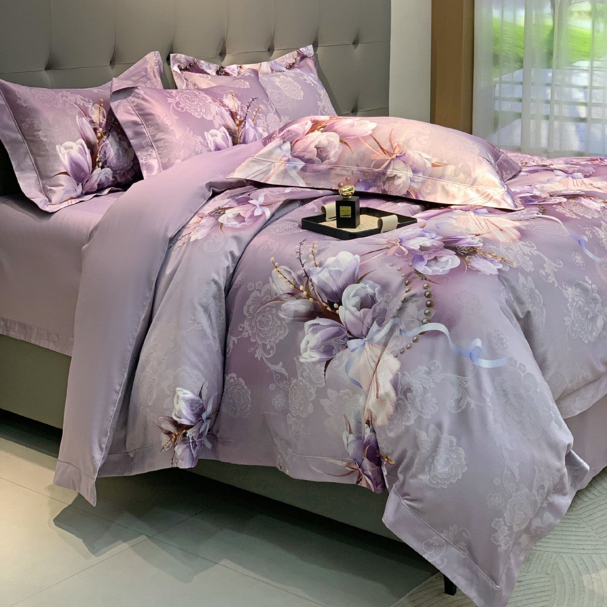 Florales Satin-Effekt Luxus Bettbezug und Kissenbezug Set
