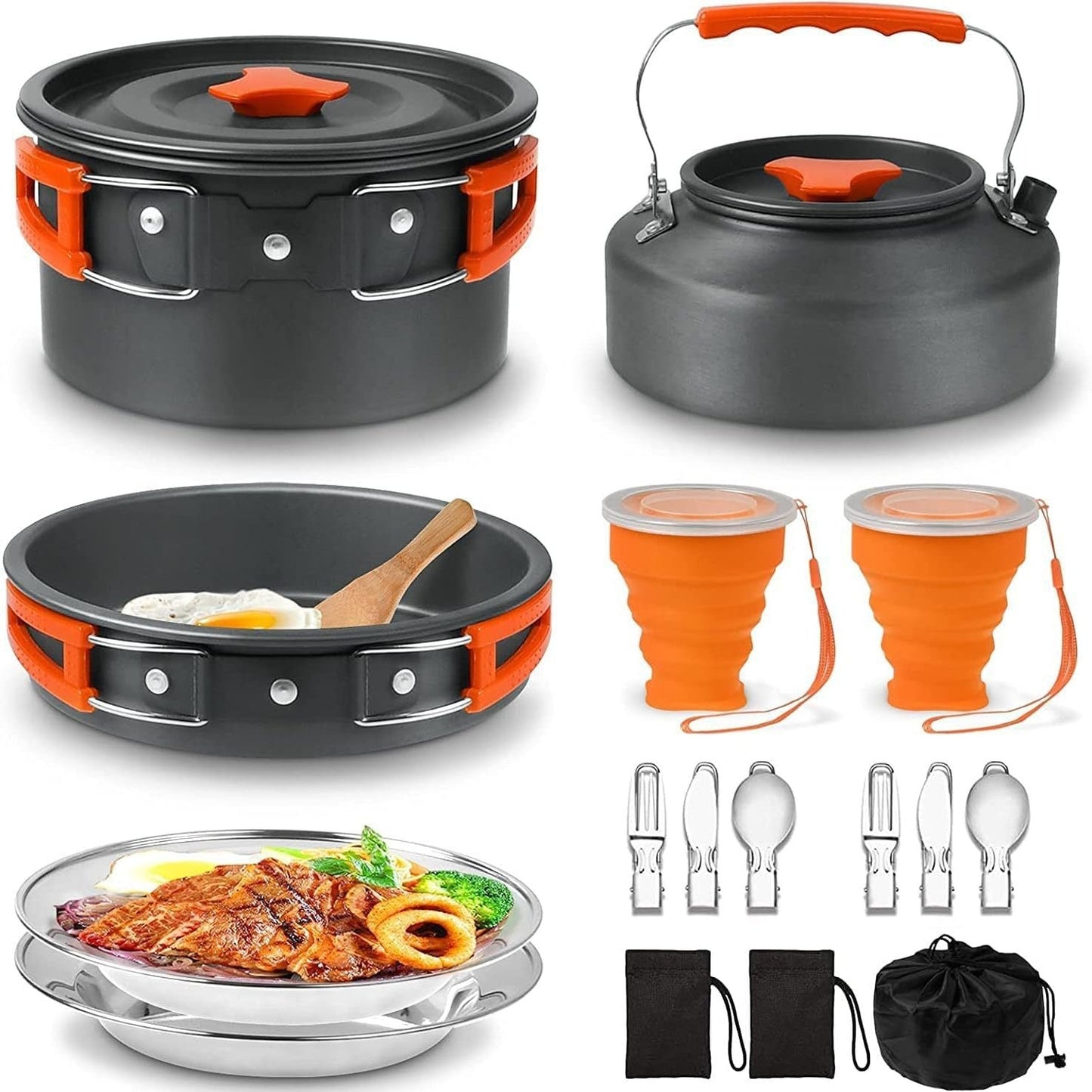 leichtes, antihaftbeschichtetes, anodisiertes Aluminium Campinggeschirrset mit einem Topf und Wasserkocher mit klappbarem Griff, zusammenklappbaren Silikontassen, Edelstahltellern und Besteck Brehn