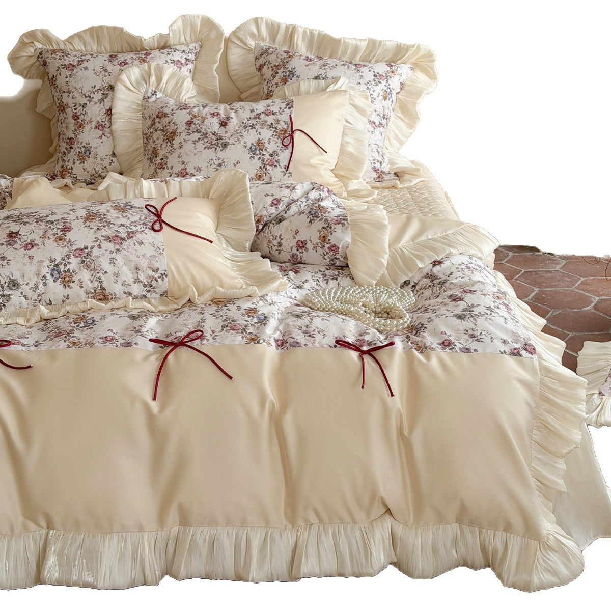 Vintage Floral Rüsch Luxus Baumwolle Bettbezug und Kissenbezug Set
