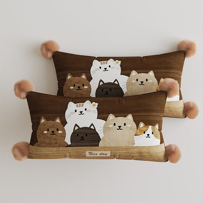 Decorative Rectangular Throw Pillow with Pom-Pom Corners and Patchwork Cat Illustration