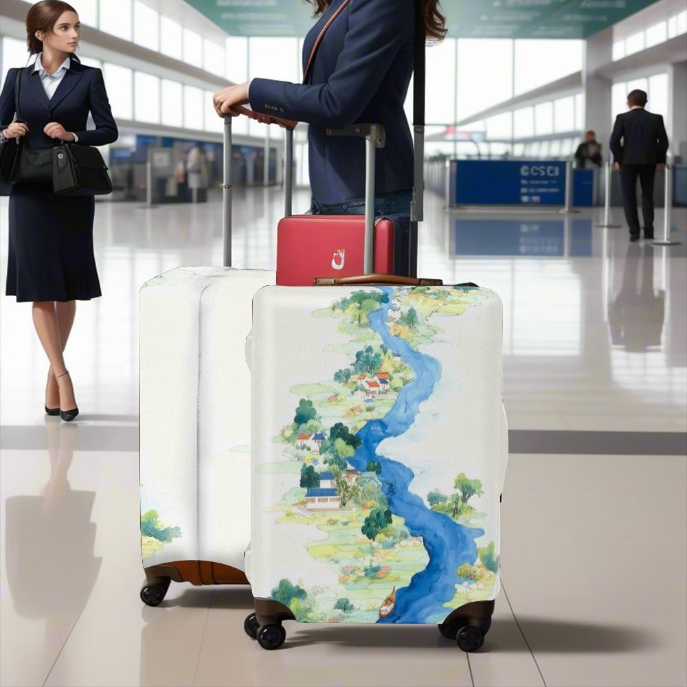 Unisex nan elastische Kofferhülle mit detaillierter Fluss- und Dorfillustrationsdruck, reißfester Stretchschutz für Hartschalen- und Stofftrolley Brehn
