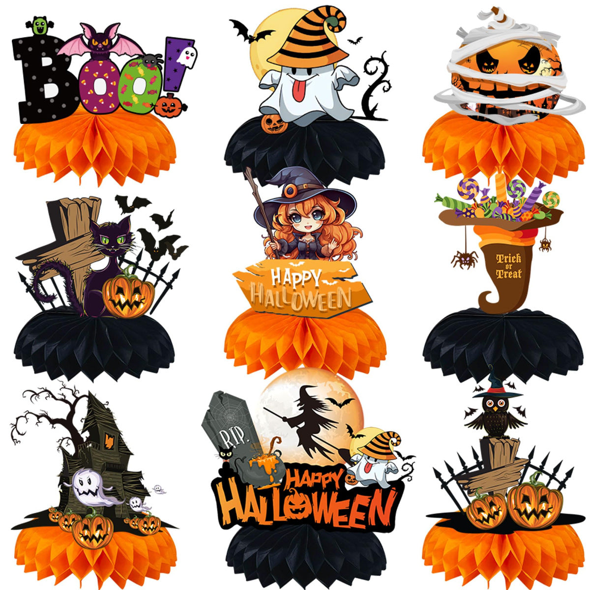 Papier-Halloween Tischdekoration mit dreidimensionalen Wabenmittelstücken