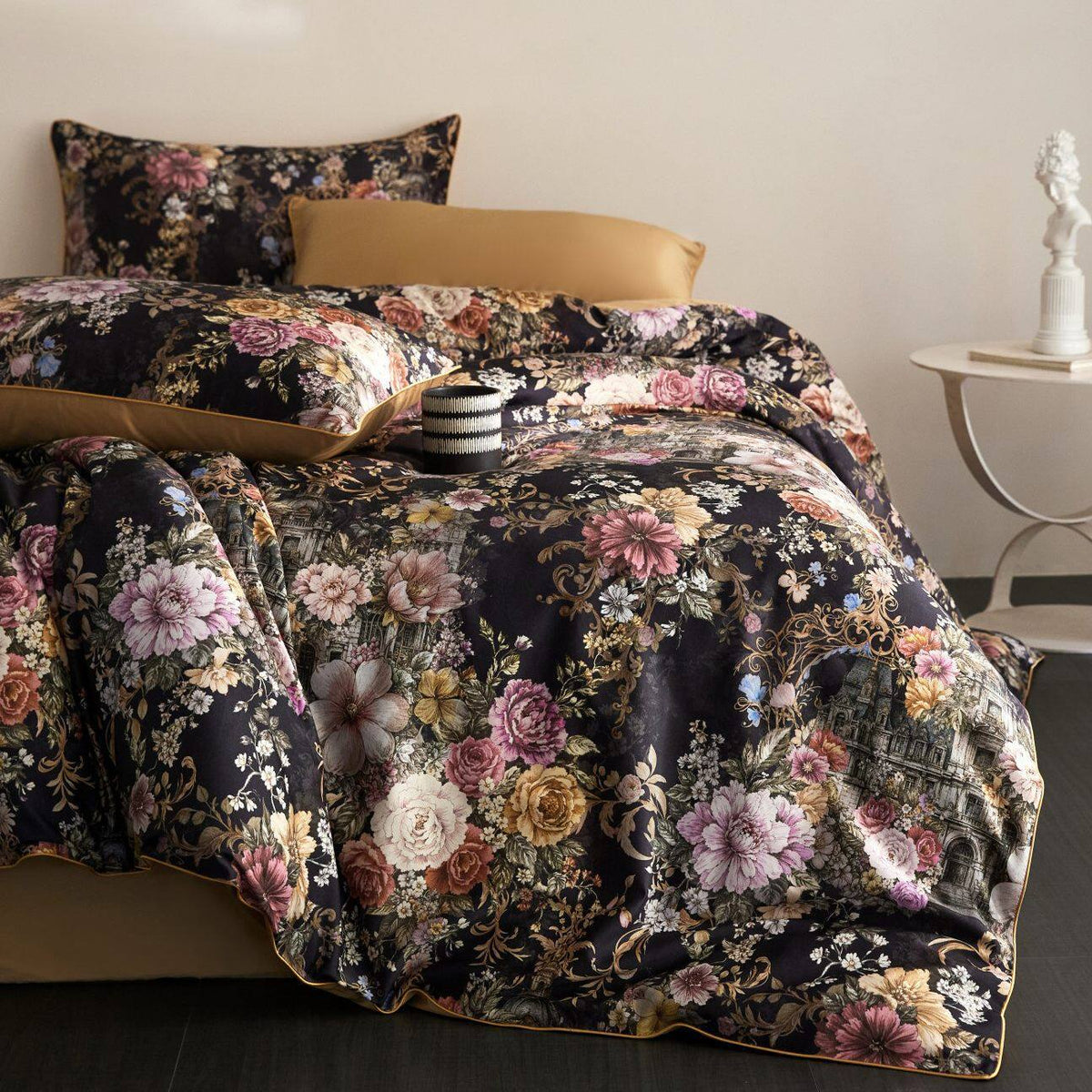 Blumen Satin-Feel Bettdeckenbezug-Set mit Oxford-Kissenbezügen