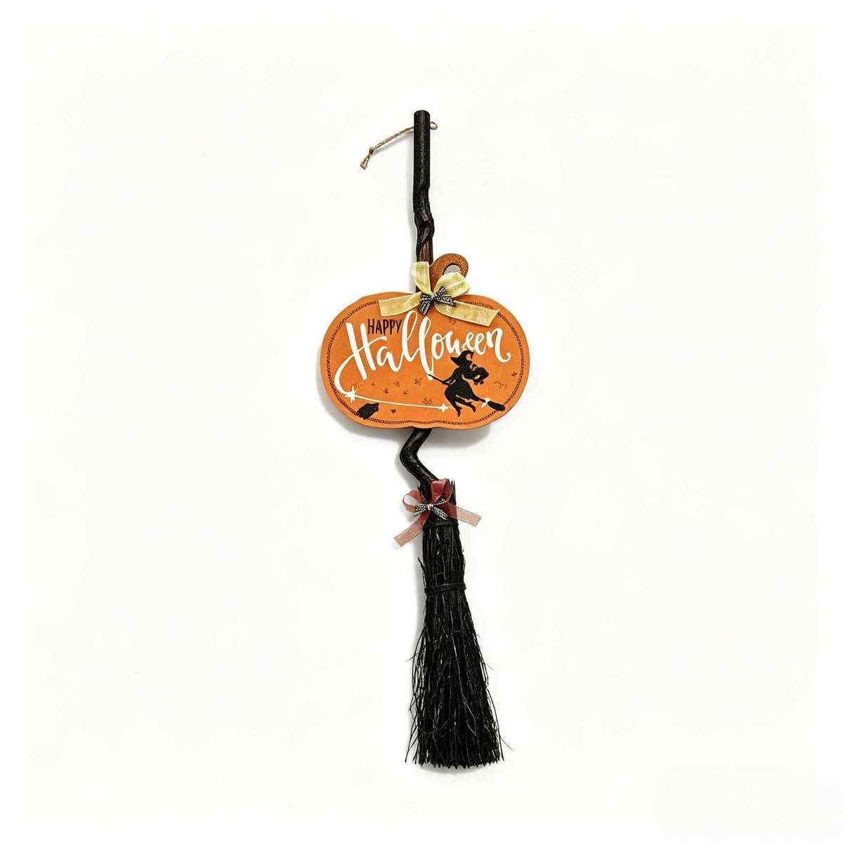 Hängender Halloween-Dekobesenanhänger mit gewundenem Stiel und 'Hocus Pocus' Schild
