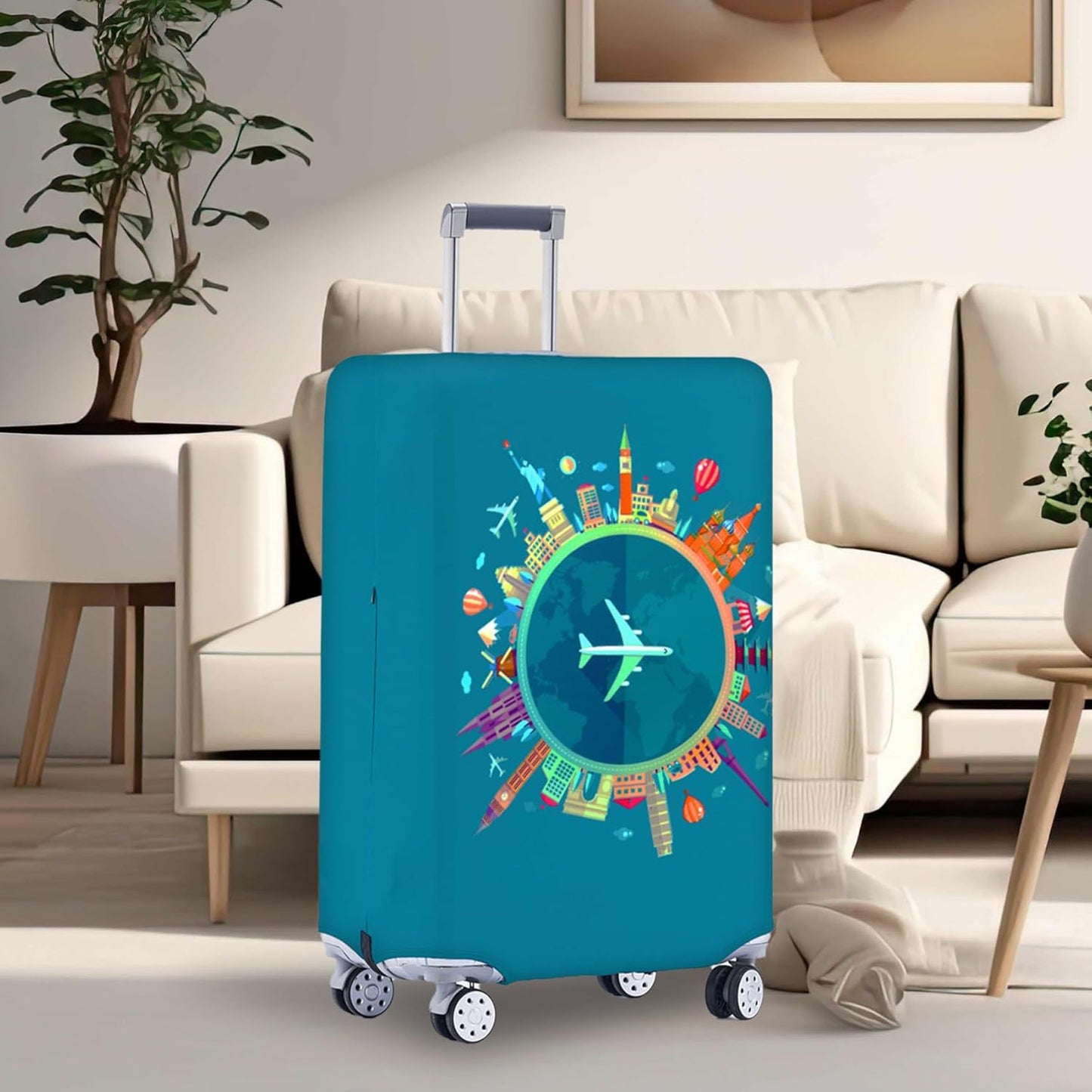 Unisex nan elastische Koffer-Schutzhülle mit weltreise Motiv für Hartschalen-Trolley und Spinner-Rollen Brehn
