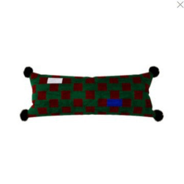 Decorative Long Lumbar Velvet Pillow with Checkerboard Jacquard, Pom-Pom Corners and Patchwork Accents