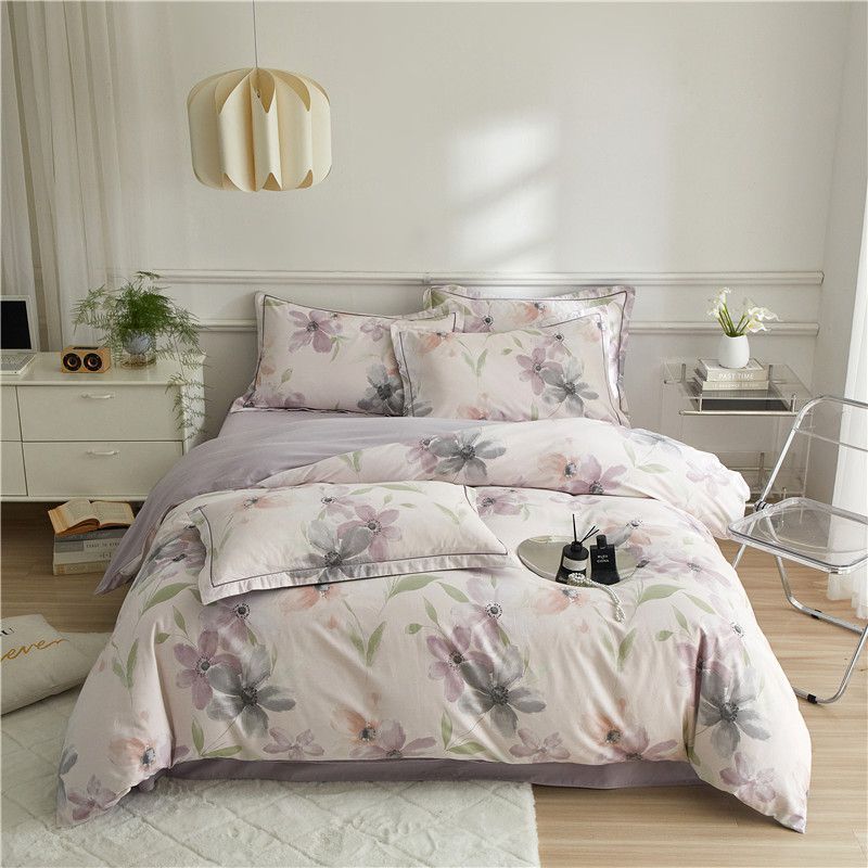 Baumwollsatin-Bettwäsche-Set mit botanischem Blattmotiv und feiner Steppverarbeitung