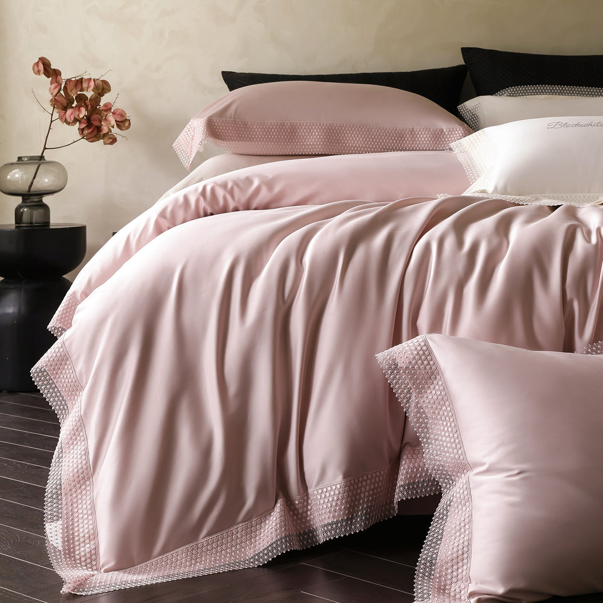 Französisch-Stil Spitzenrand Baumwollsatin Bettbezug mit passenden Kissenbezügen