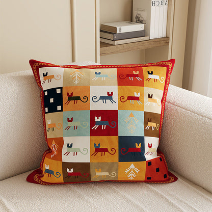 Square Decorative Throw Pillow Cover with Colorful Geometric Cat Motif and Piped Edge