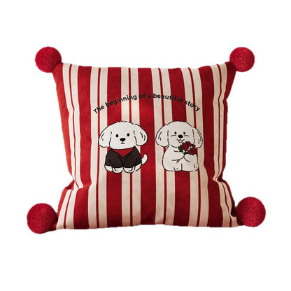 Decorative Cotton-Linen Square Throw Pillow with Pom-Pom Corners and Polka Dot Love Print