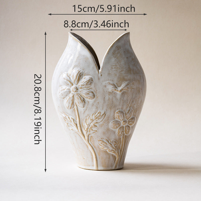Handgefertigte strukturierte Steingut-Blumenrelief-Bud-Vase