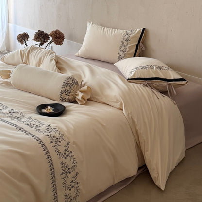 Bestickte Baumwollsatin Bettbezug Set mit Schlaufen-Kissenbezug und dekorativem Bolster