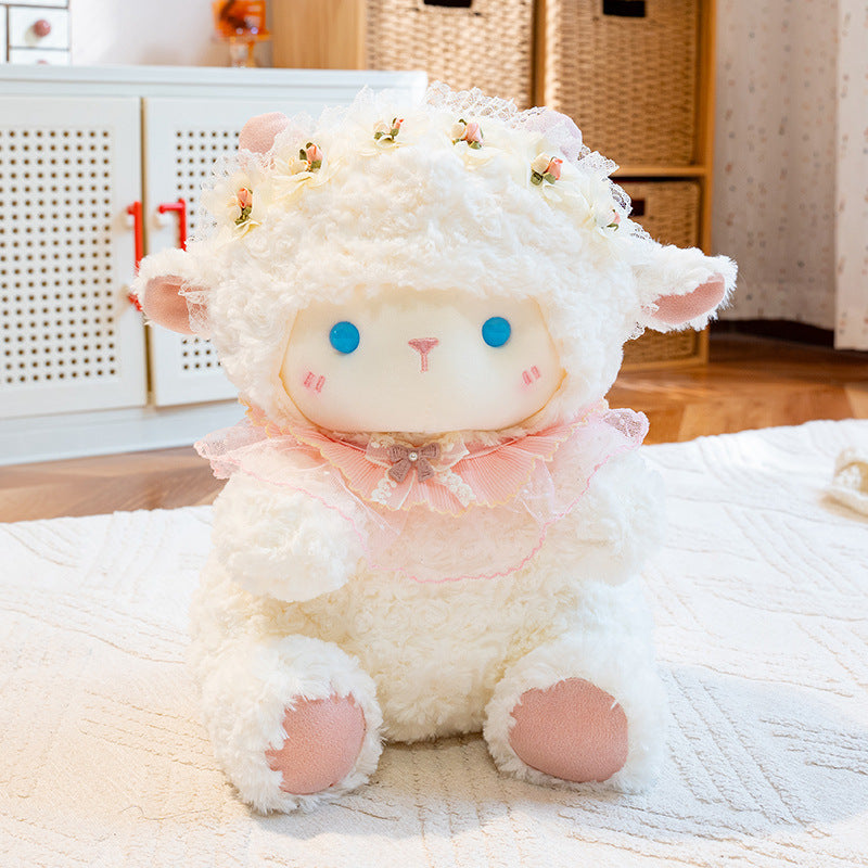 Plüsch-Schaf Sitzend Sammlerstück mit Floral Spitze Kopfband und Dekorativ Rüsche Kragen Brehn