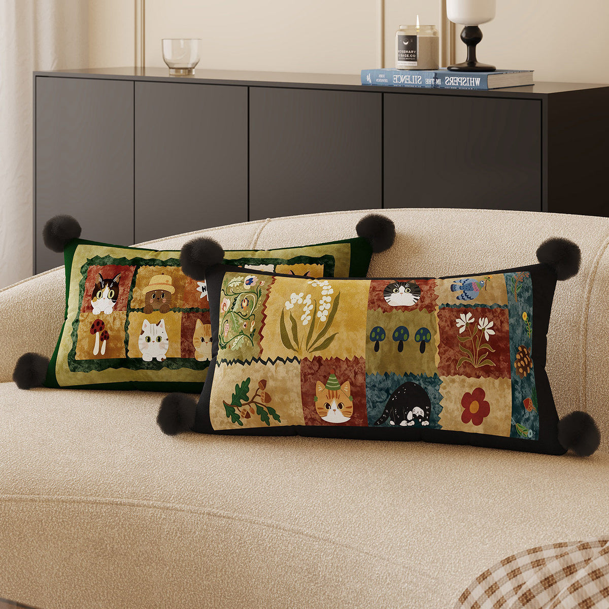 Decorative Rectangular Throw Pillow with Pom-Pom Corners and Patchwork Cat Illustration