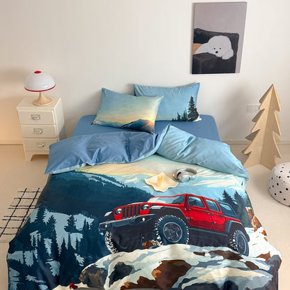 Abenteuer-Print Mikrofaser Bettbezug Set mit Off-Road Jeep Illustration