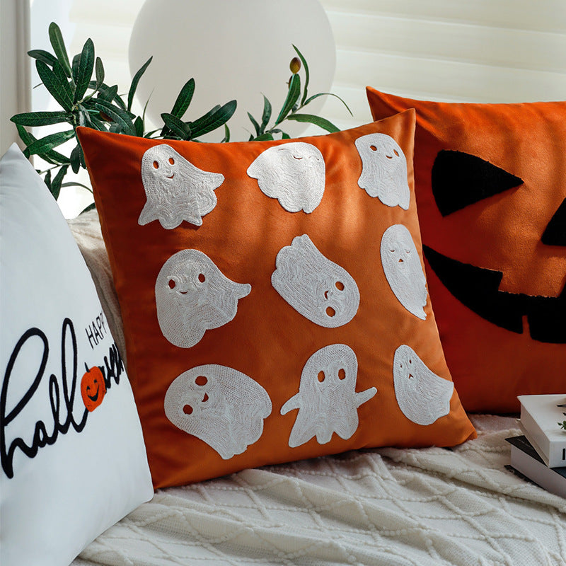 Quadratischer dekorativer Kissenbezug mit Halloween-Kürbisgesicht Tuft-Applikation aus Samt Brehn