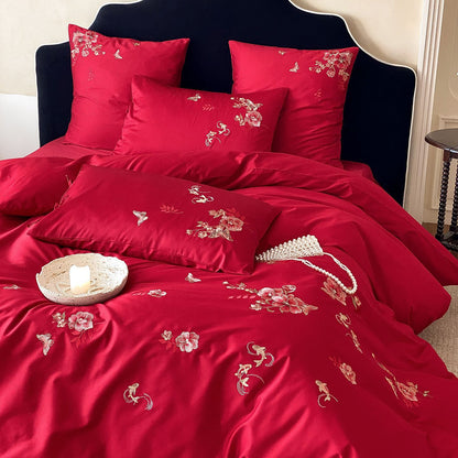 Luxuriöse Baumwollsatin-Bettwäschegarnitur mit floraler Stickerei und Hotelverschluss