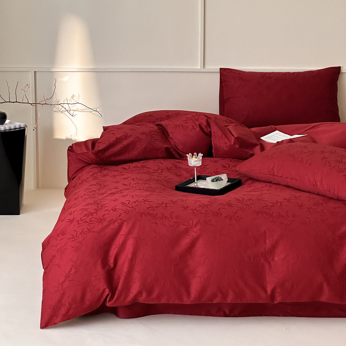 Premium-Bettwäschegarnitur aus Baumwollsatin mit feinem Ton-in-Ton Bambus-Jacquard