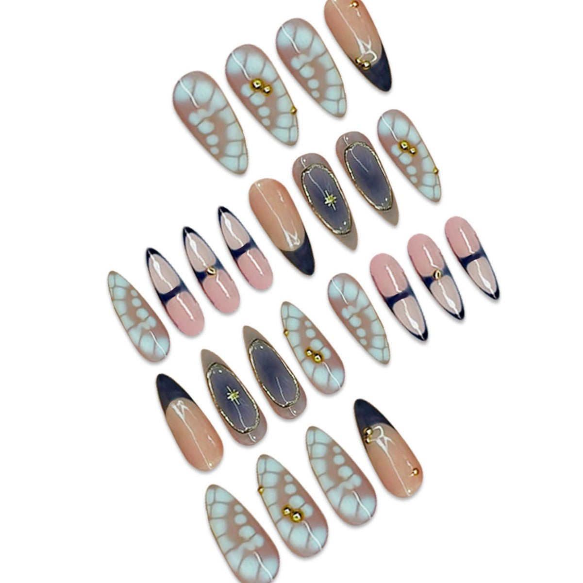 Premium Künstlerische Stiletto Press-On Nägel mit Goldakzenten Brehn