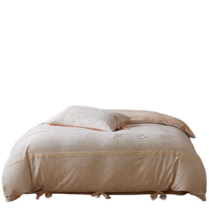 Premium-Baumwollbettbezug mit floraler Stickerei, Spitzenbiese und Schleifenverschluss