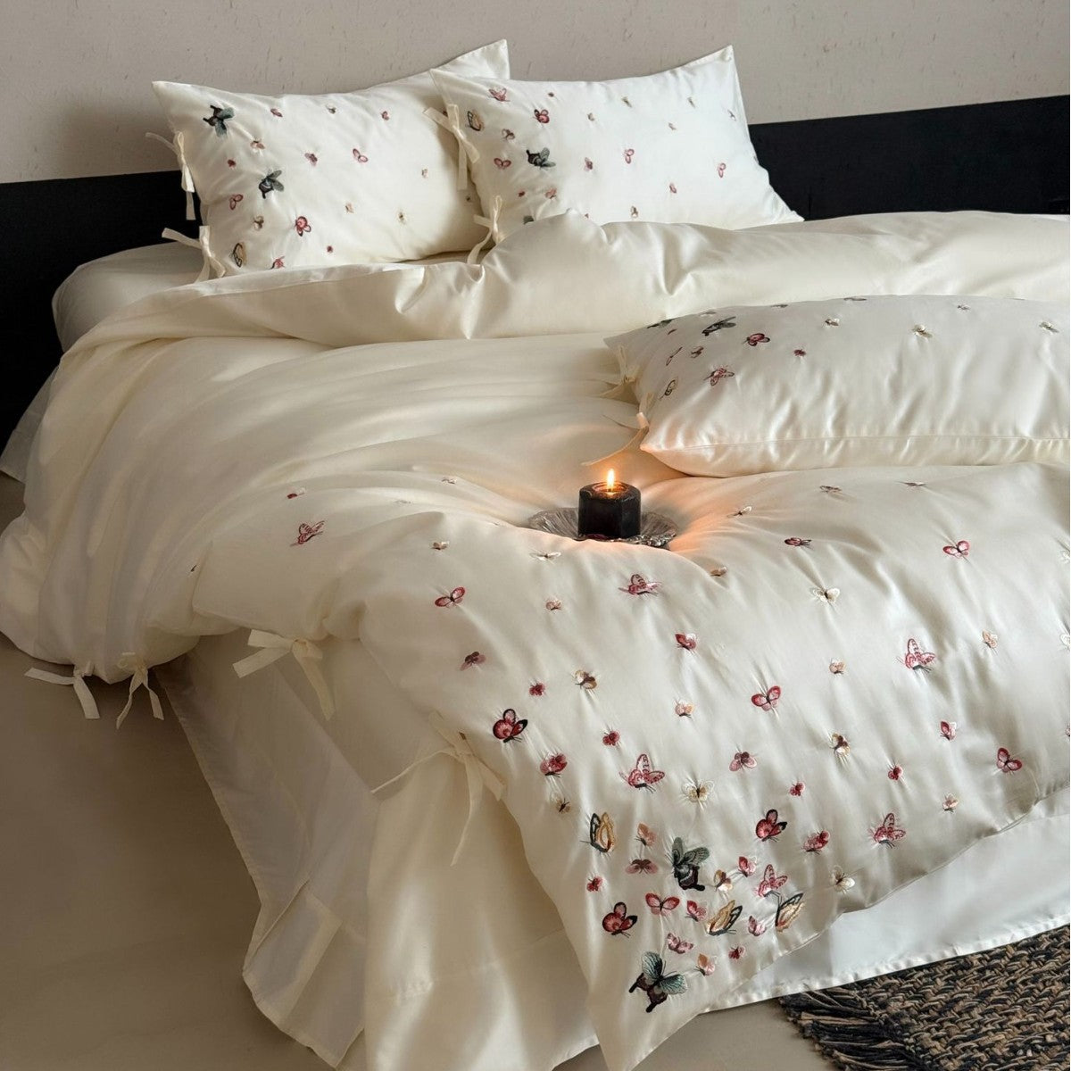 Bestickte Schmetterling Baumwollsatin Bettbezug Set