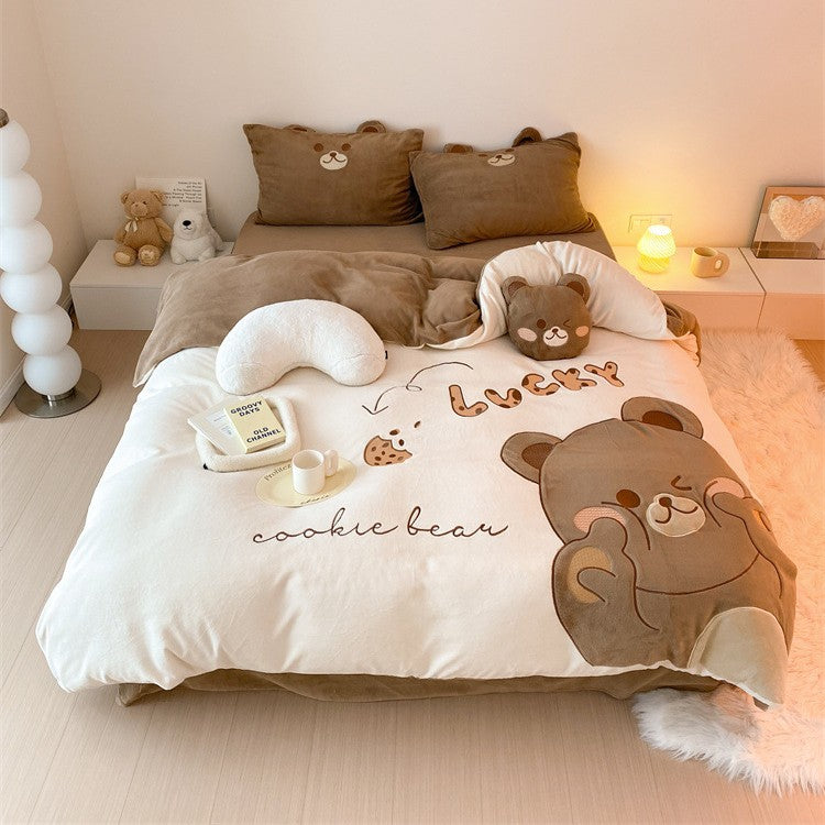 Kuscheliges wendbares Bettwäsche-Set mit gesticktem Enten-Motiv, Applikationen und Kuschelkissen Brehn