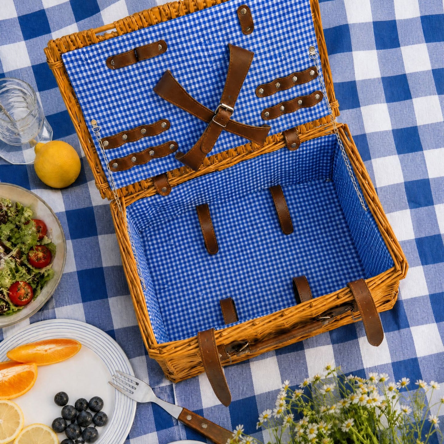 Damen Luxus Picknickkorb mit versetztem Geschirrfach und floralem Innenfutter Brehn