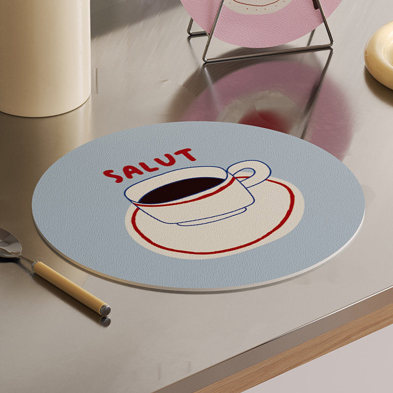 Round Decorative Absorbent Cork Coaster Set with Metal Stand and Fruit Plate Illustration