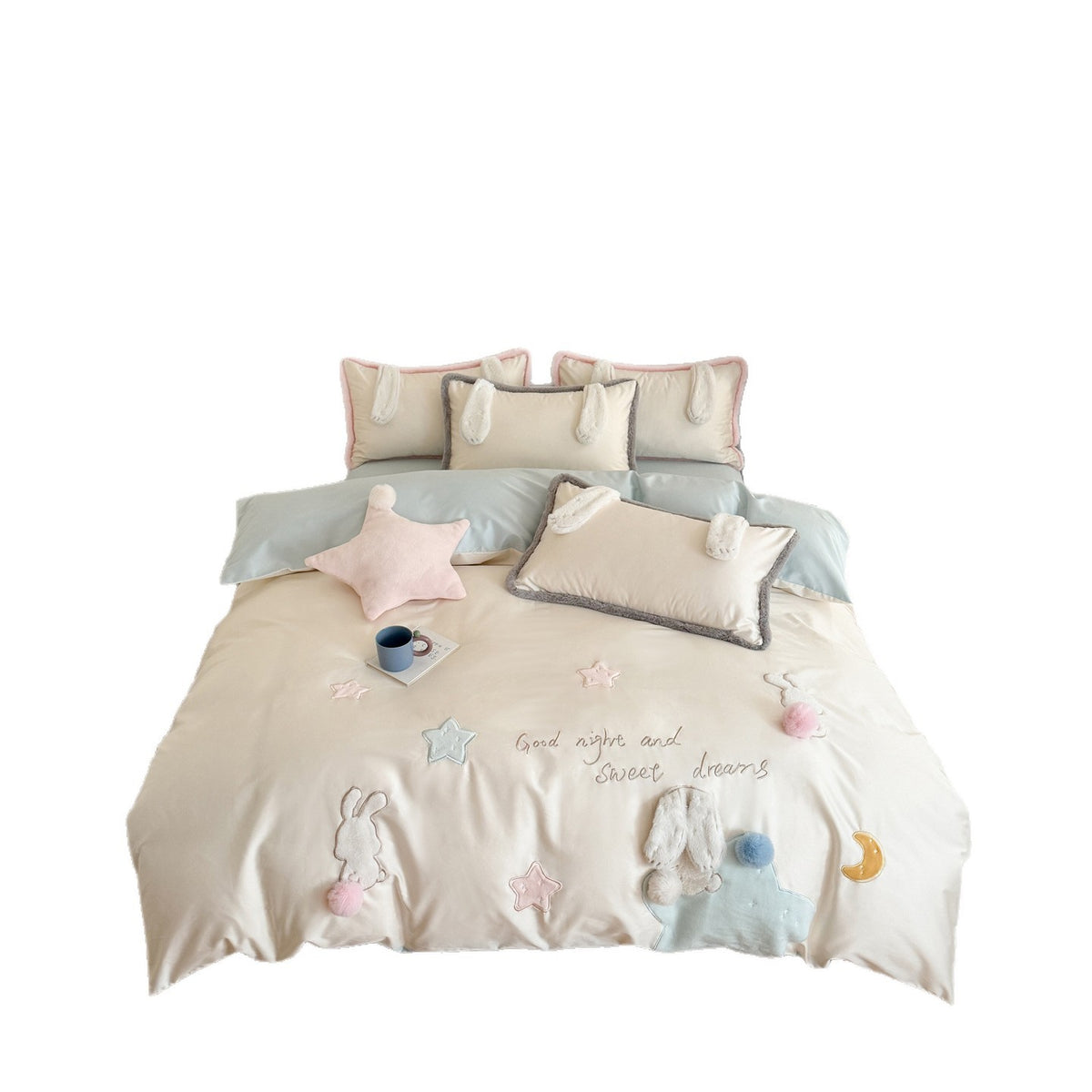 Bettwäsche-Set mit Plüsch-Hasenohren und besticktem Kinder-Motiv