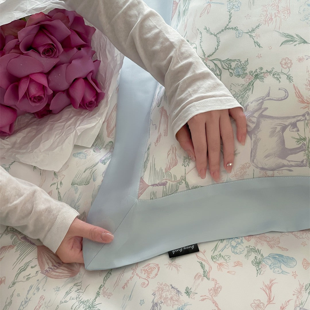 Designer Toile Baumwoll-Satin Bettbezug Set mit Satinrand & Kissenbezügen