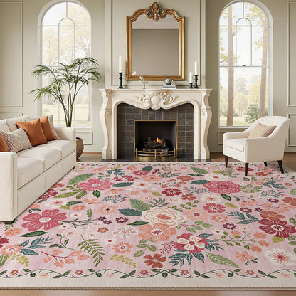 Large Floral Printed Low-Pile Machine-Woven Area Rug with Stain-Resistant Finish