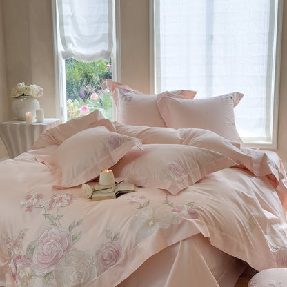 Florales besticktes Baumwollsatin Bettbezug Ensemble mit dekorativem Bolster und Kissenbezügen