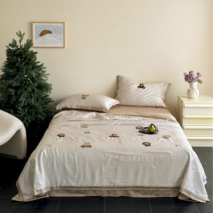 Bettwäsche-Set mit bestickten Teddy-Motiven und feinem Vichy-Karo