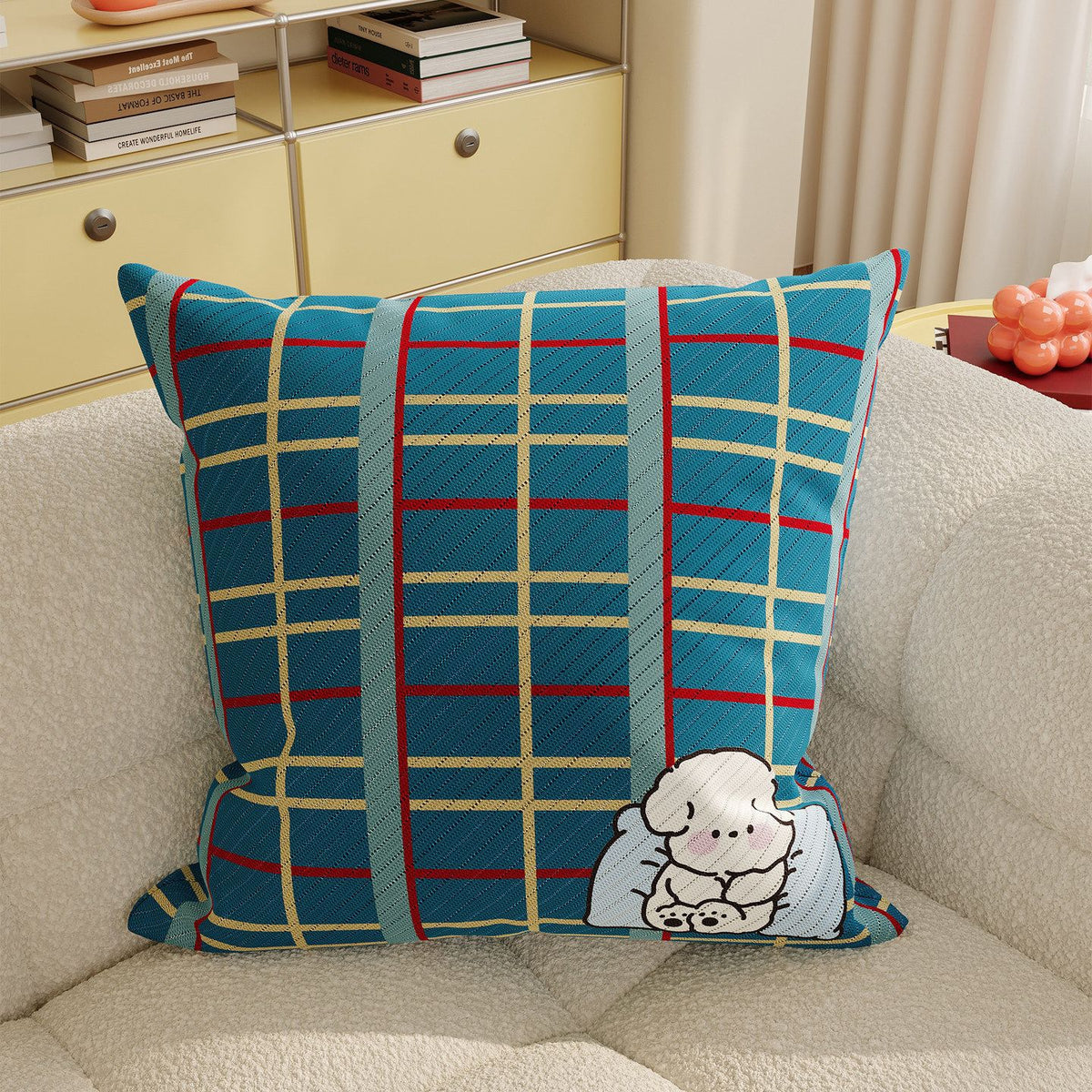 Decorative Plaid Throw Pillow Cover with Embroidered Cartoon Sheep Patch